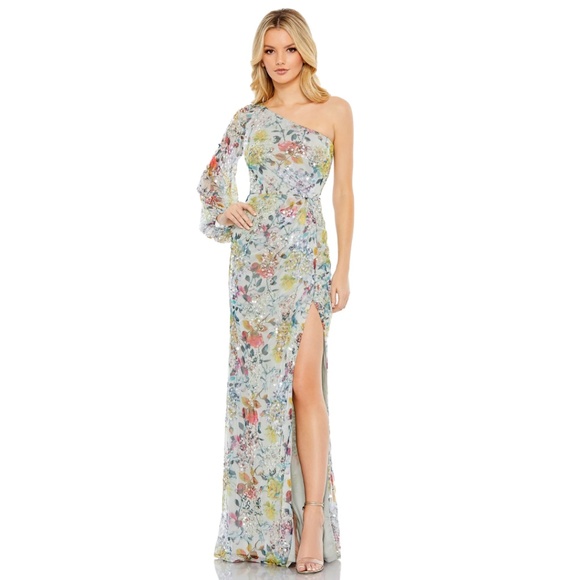 MAC DUGGAL Sequin Floral Print One Shoulder Gown - Picture 2 of 3